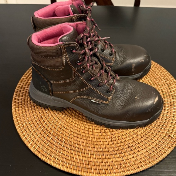 Wolverine Women's Brown Leather Boots with Pink Accents composite toe size 9 - Picture 8 of 11